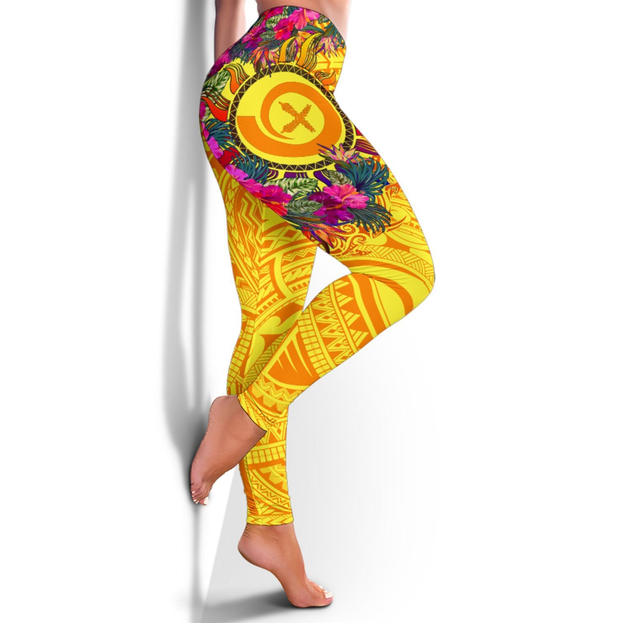 Polynesian Leggings - Vanuatu Symbols With Hibiscus Yellow - Polynesian Pride