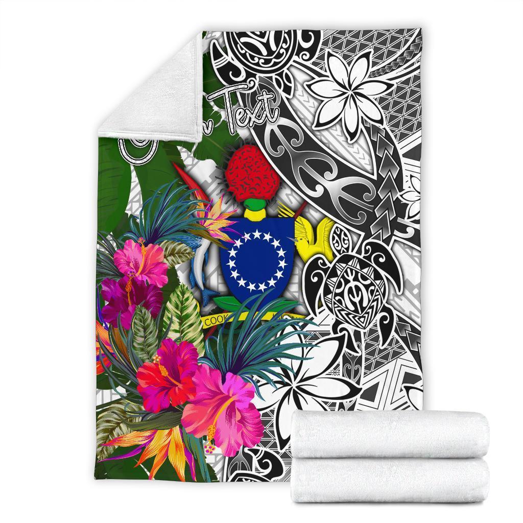 Cook Islands Custom Personalised Premium Blanket White - Turtle Plumeria Banana Leaf - Polynesian Pride