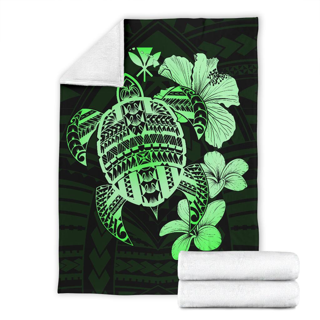 Hawaiian Kanaka Hibiscus Plumeria Mix Polynesian Turtle Premium Blanket Green AH - Polynesian Pride