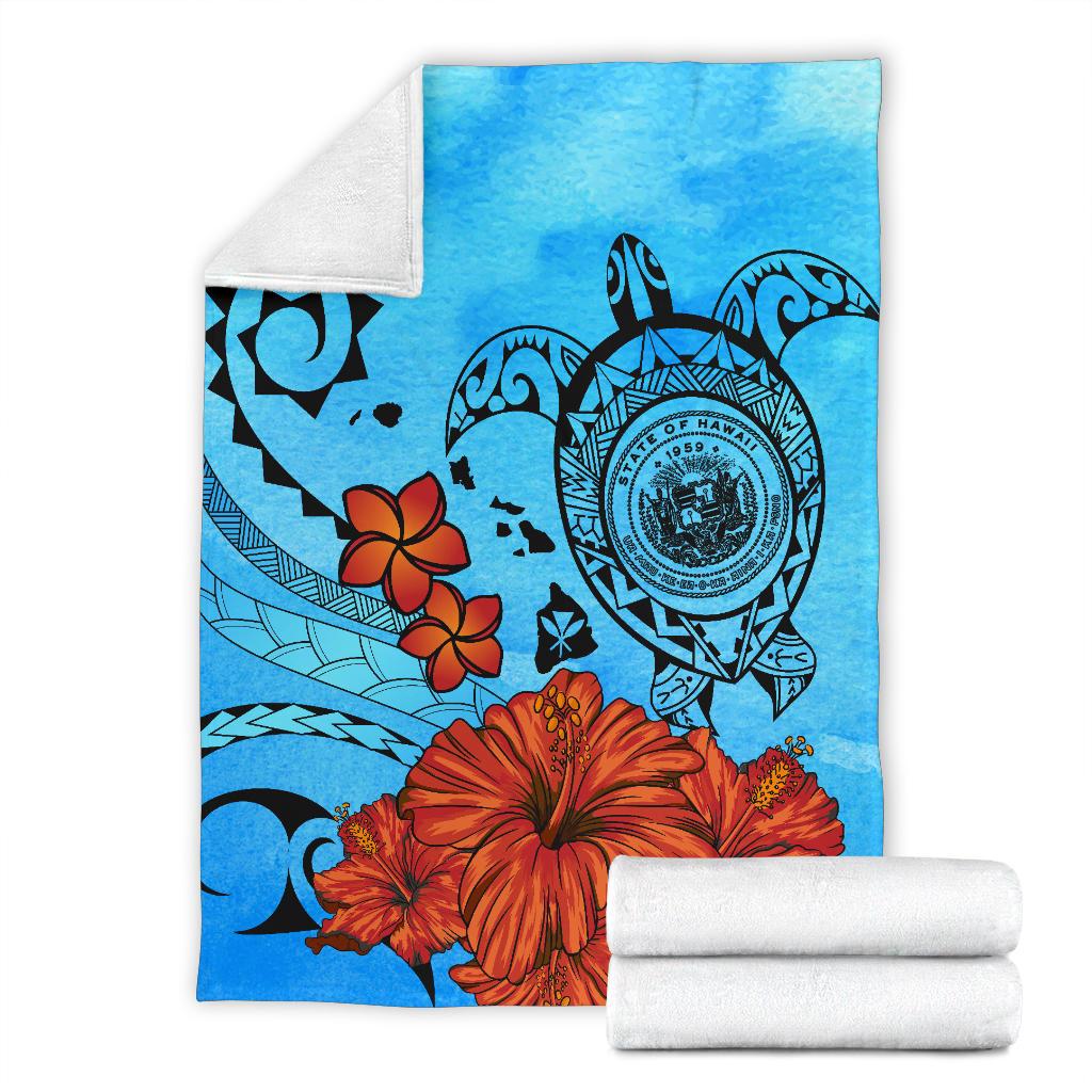 Hawaiian Map Kanaka Sea Turtle Seal Of Hawaii Hibiscus Plumeria Polynesian Blanket - Polynesian Pride