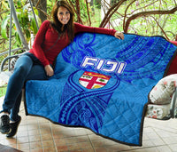 Blue Premium Quilt Fiji Rugby Polynesian Waves Style - Polynesian Pride