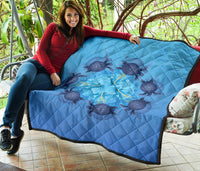 Hawaii Turtle Hibiscus Blue Premium Quilt - Polynesian Pride