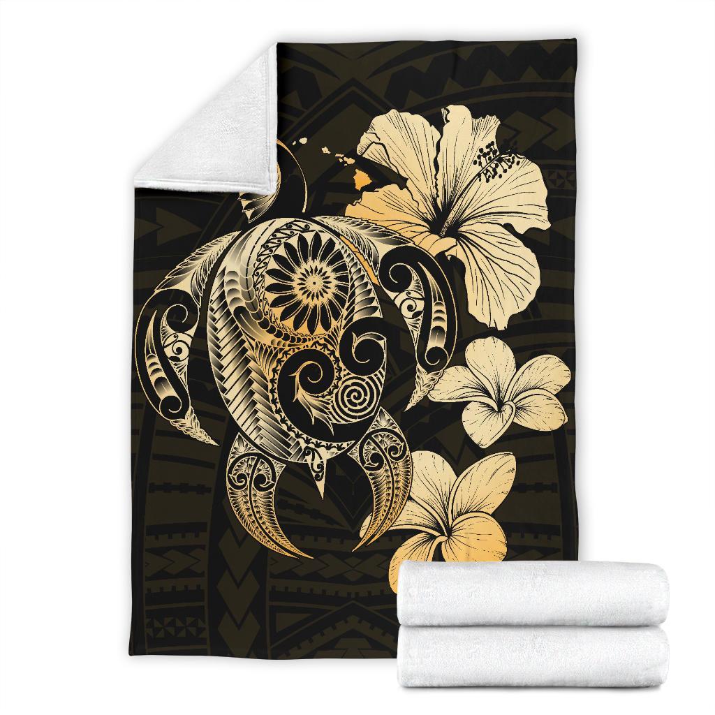 Hibiscus Plumeria Mix Polynesian Gold Turtle Premium Blanket - Polynesian Pride