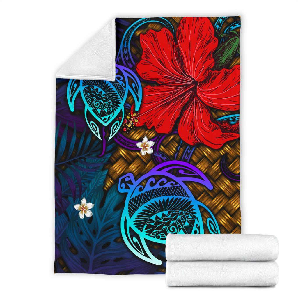 Hawaii Lauhala Hibiscus Polynesian Tropical Blue Premium Blanket - Wake Style - AH - Polynesian Pride