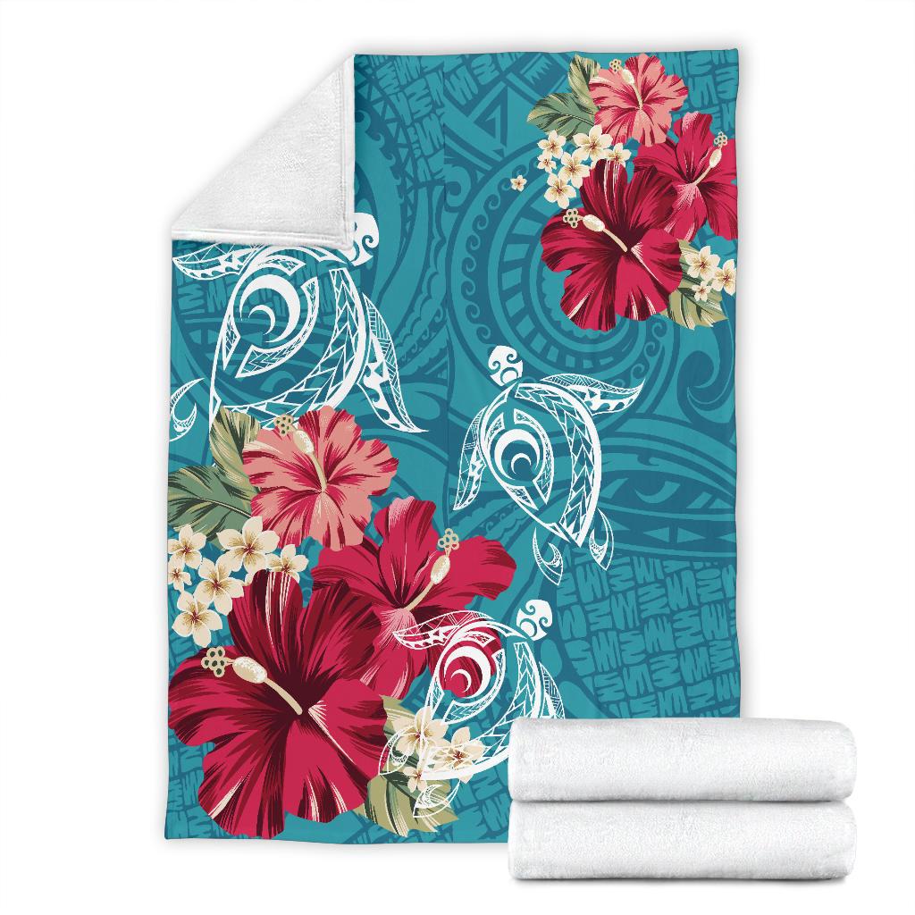 Hawaii Turtle Hibiscus Plumeria Blue Polynesian - Premium Blanket AH White - Polynesian Pride