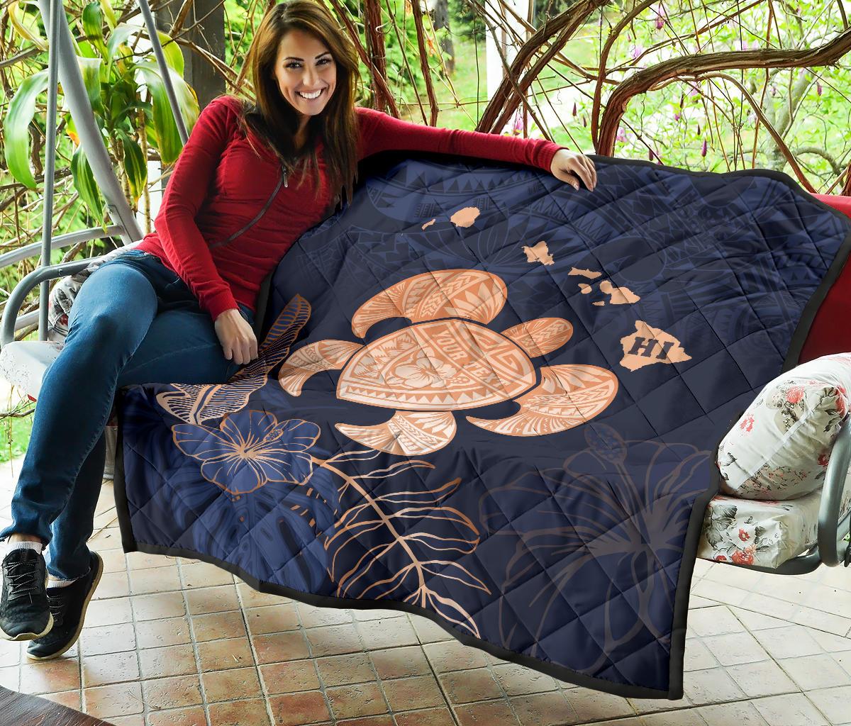Personalized - Hawaii Kakau Polynesian Turtle Map Premium Quilt - Indigo - Polynesian Pride
