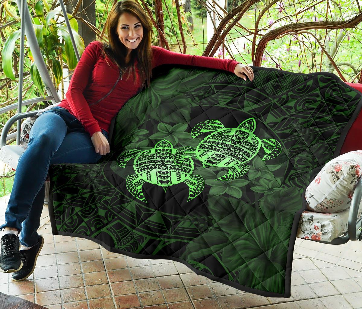 Hawaii Premium Quilt - Turtle Strong Pattern Hibiscus Plumeria Green AH - Polynesian Pride