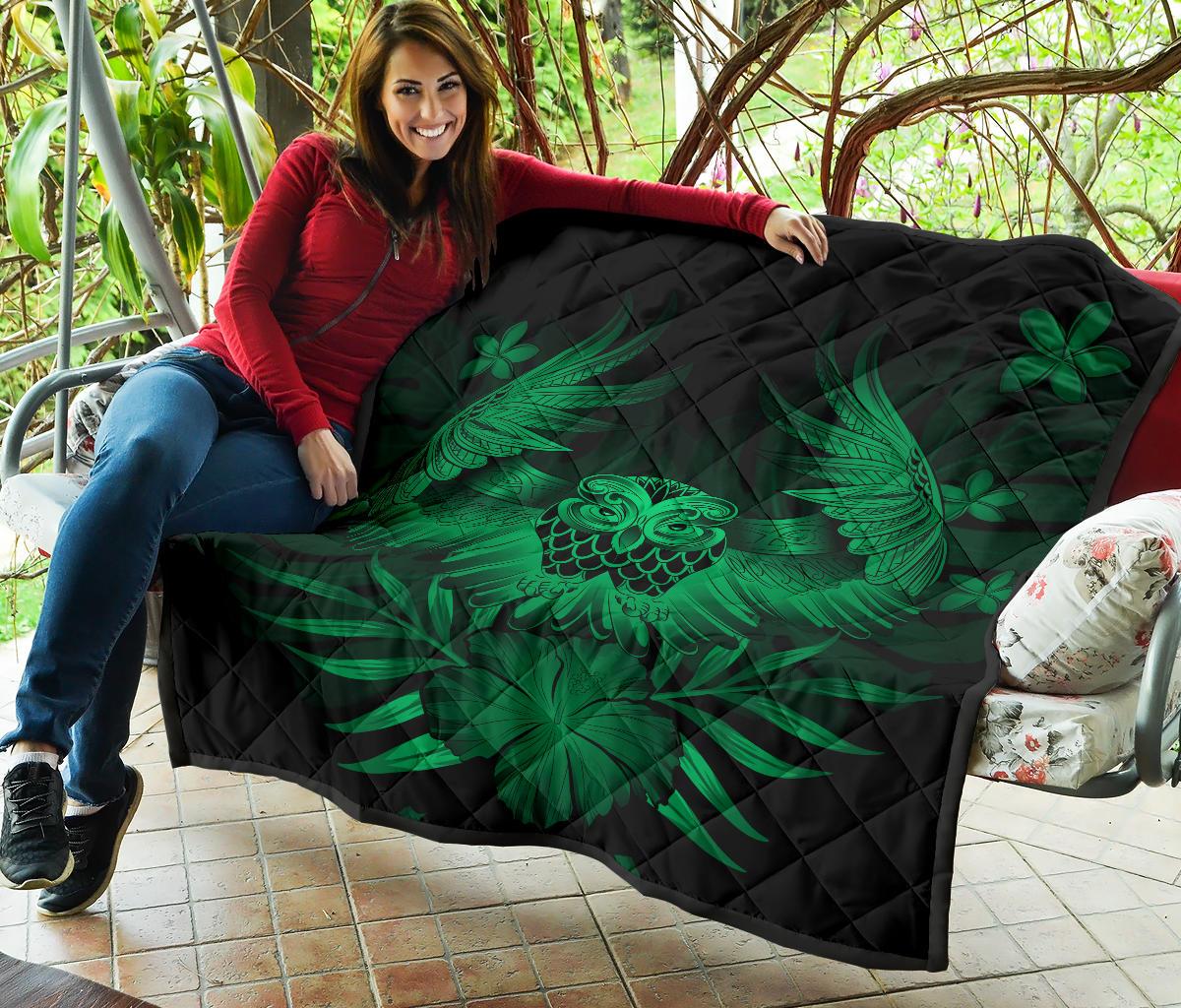 Hawaii Owl Hibiscus Plumeria Premium Quilt - Green - Polynesian Pride