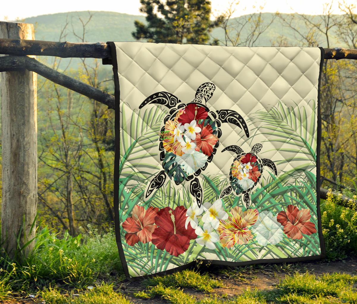Hawaii Turtle Flowers Coconut Tree Leaf Premium Quilt - Polynesian Pride