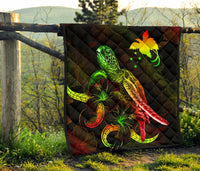 Papua New Guinea Polynesian Premium Quilt - Turtle With Blooming Hibiscus Reggae - Polynesian Pride