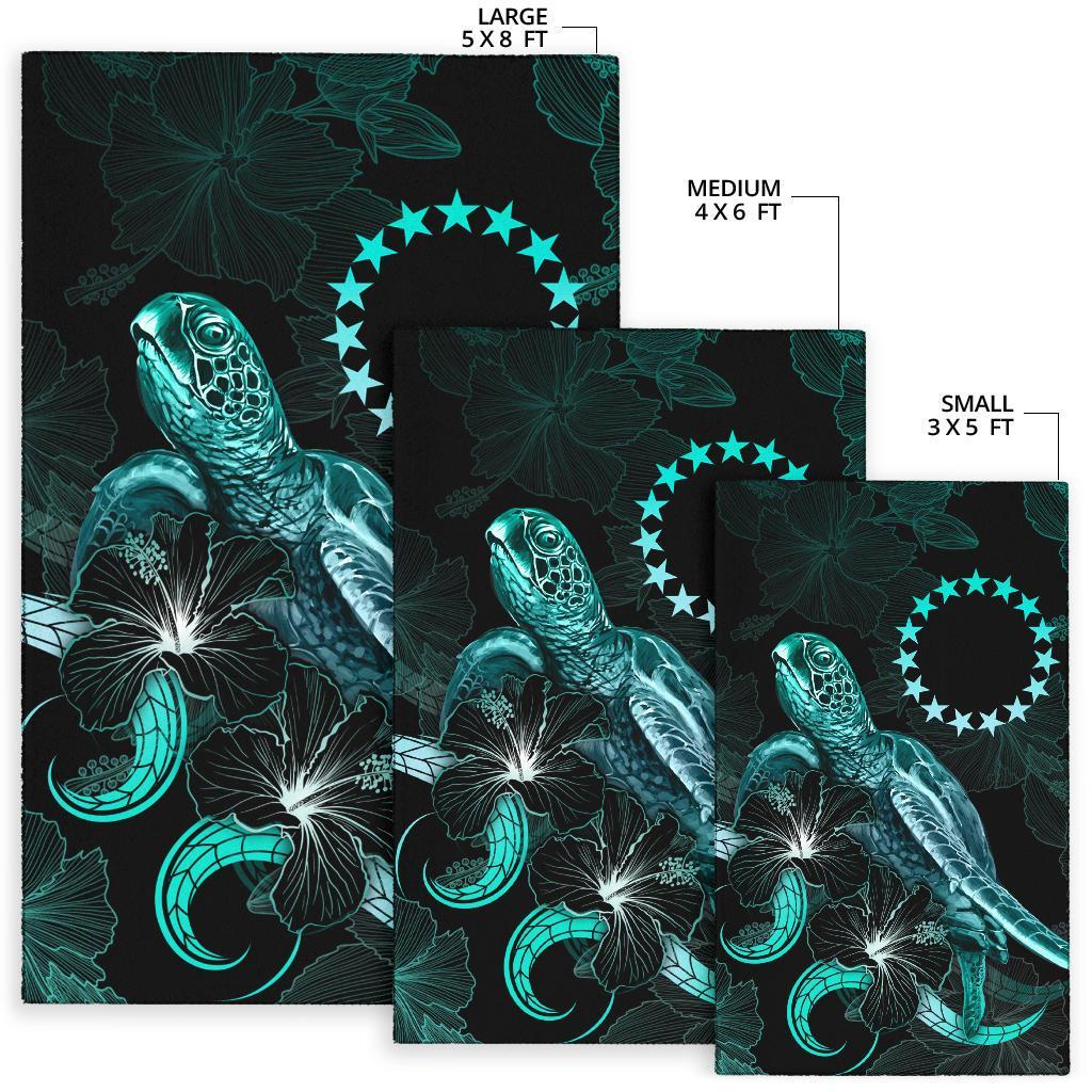 Cook Islands Polynesian Area Rugs - Turtle With Blooming Hibiscus Turquoise - Polynesian Pride