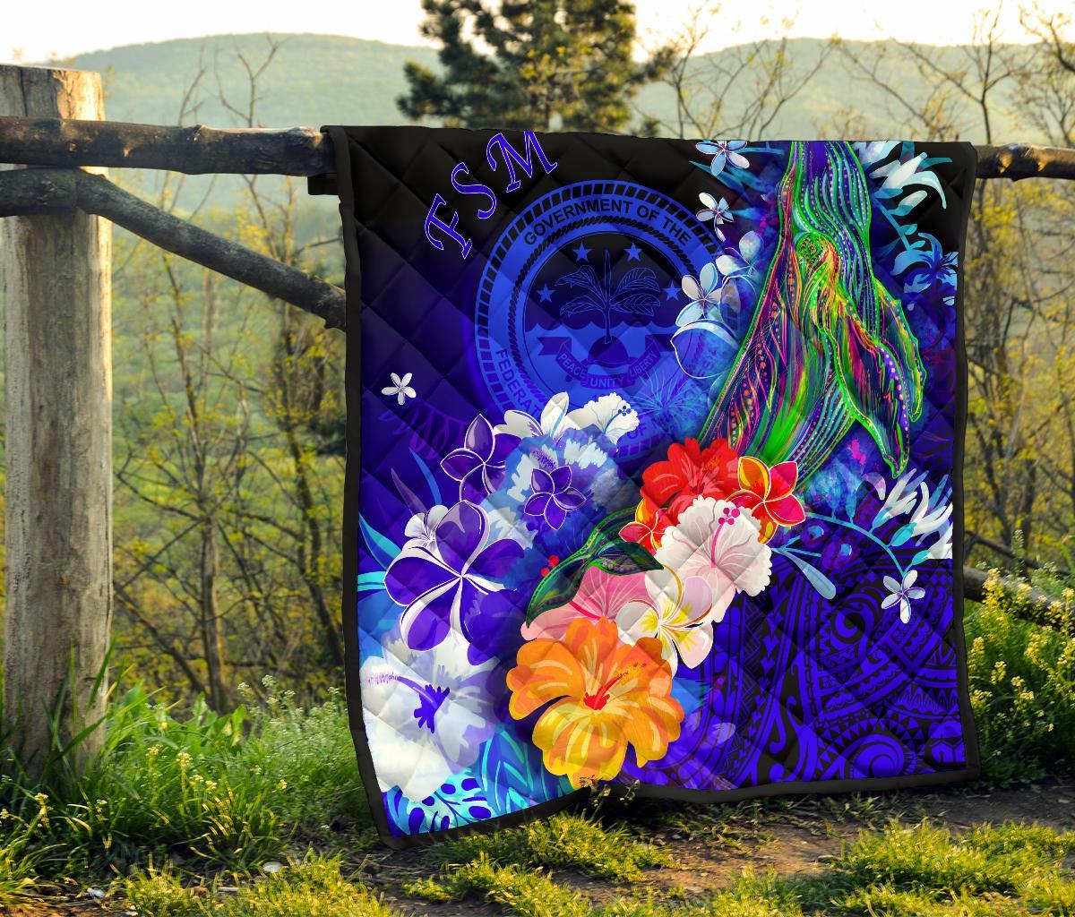 Federated States of Micronesia Premium Quilts - Humpback Whale with Tropical Flowers (Blue) - Polynesian Pride