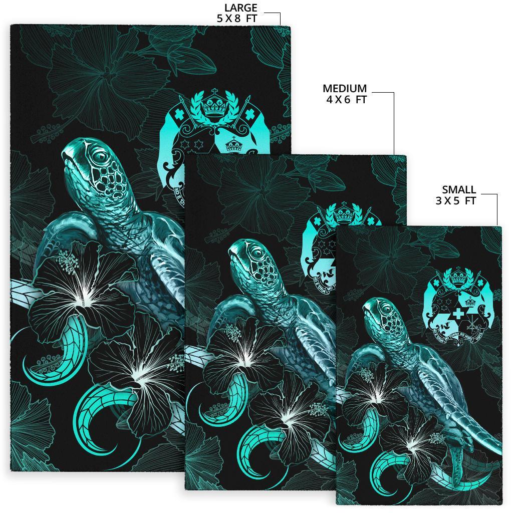 Tonga Polynesian Area Rugs - Turtle With Blooming Hibiscus Turquoise - Polynesian Pride
