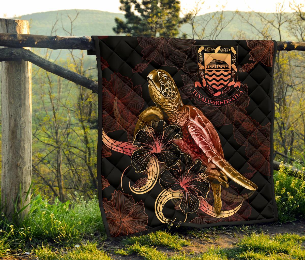 Tuvalu Polynesian Premium Quilt - Turtle With Blooming Hibiscus Gold - Polynesian Pride