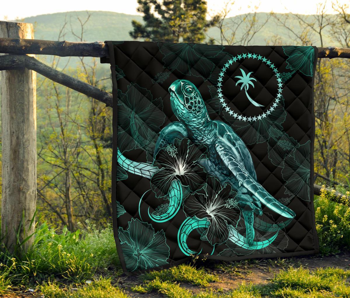 Chuuk Polynesian Premium Quilt - Turtle With Blooming Hibiscus Turquoise - Polynesian Pride
