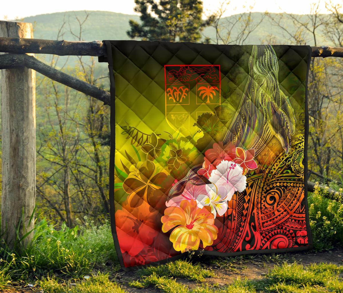 Fiji Premium Quilt - Humpback Whale with Tropical Flowers (Yellow) - Polynesian Pride