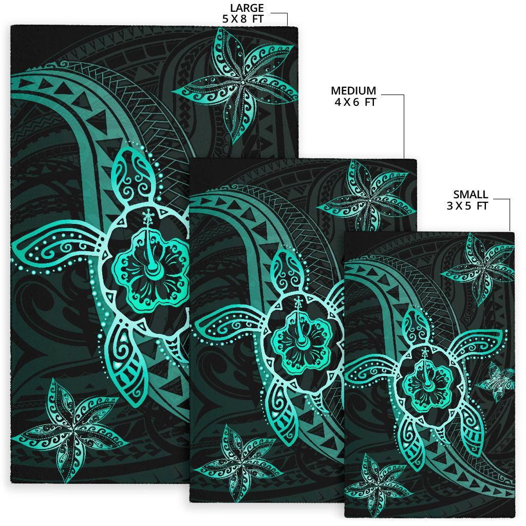 Kanaka Map Hibiscus Plumeria Turtle Art Polynesian Area Rug Turquoise AH - Polynesian Pride