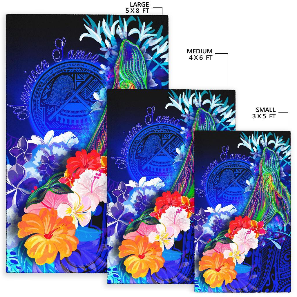 American Samoa Polynesian Area Rug - Humpback Whale with Tropical Flowers (Blue) - Polynesian Pride