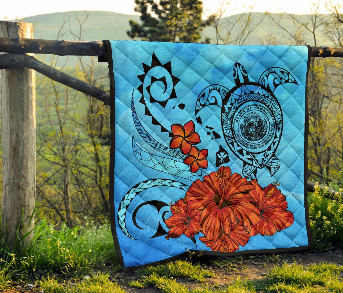 Hawaiian Map Kanaka Sea Turtle Seal Of Hawaii Hibiscus Plumeria Polynesian Quilt - Polynesian Pride