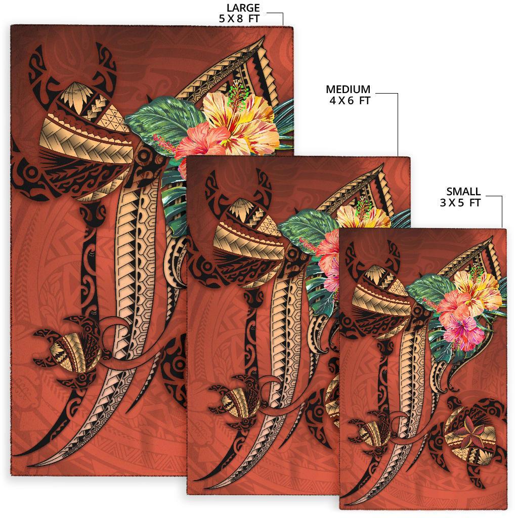Polynesian Turtle Area Rug - Tribal Tattoo with Hibiscus Coral Coral - Polynesian Pride