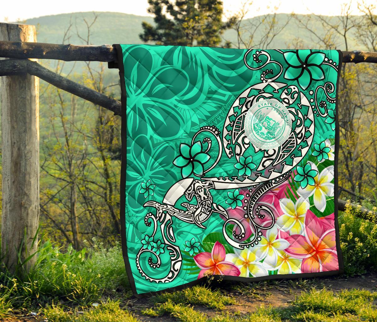 Hawaii Polynesian Premium Quilt - Hawaii Seal With Turtle Plumeria (Turquoise) - Polynesian Pride