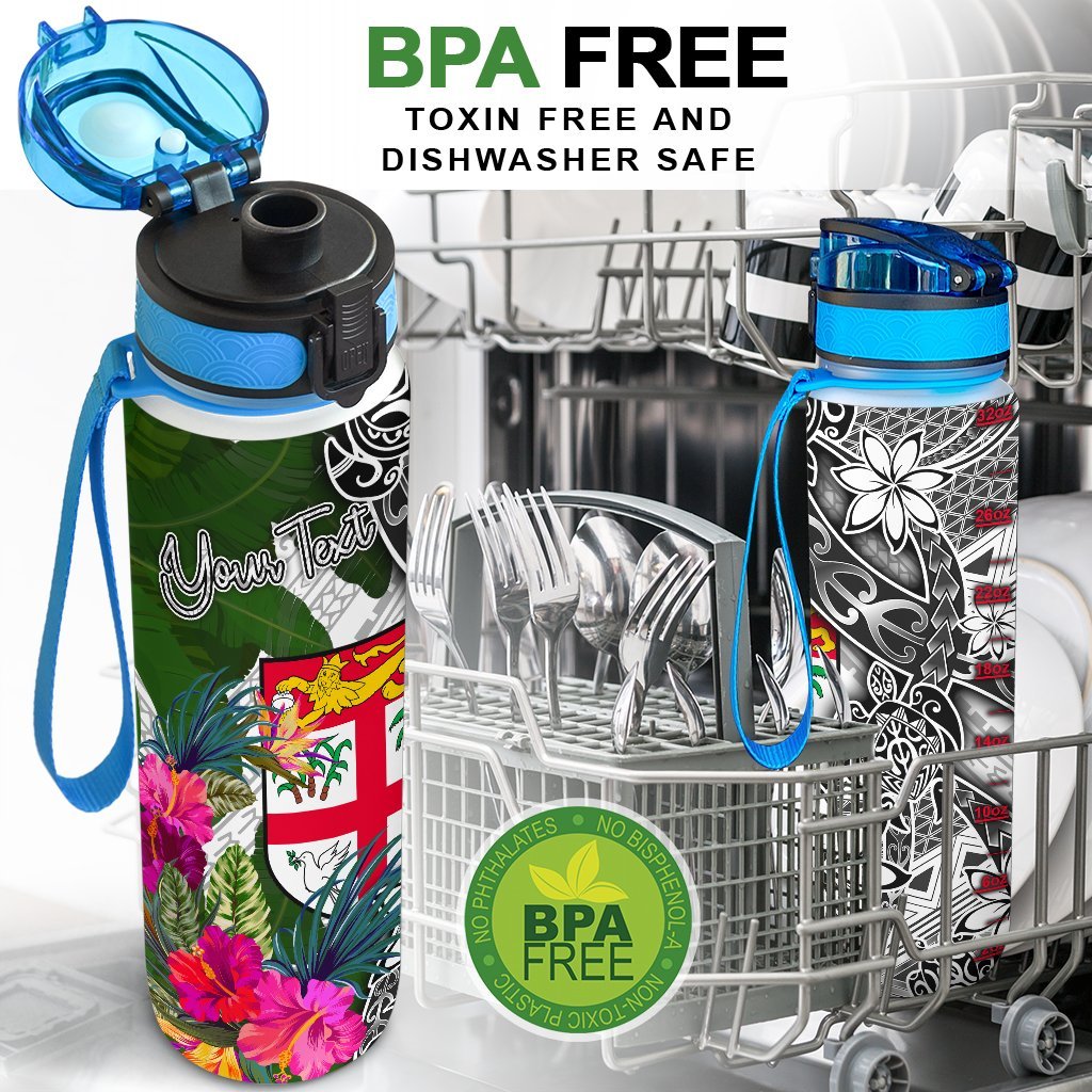 Fiji Custom Personalised Hydro Tracking Bottle White - Turtle Plumeria Banana Leaf - Polynesian Pride