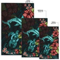 Polynesian Area Rug Turtle And Shark - Hibiscus Turquoise - Polynesian Pride