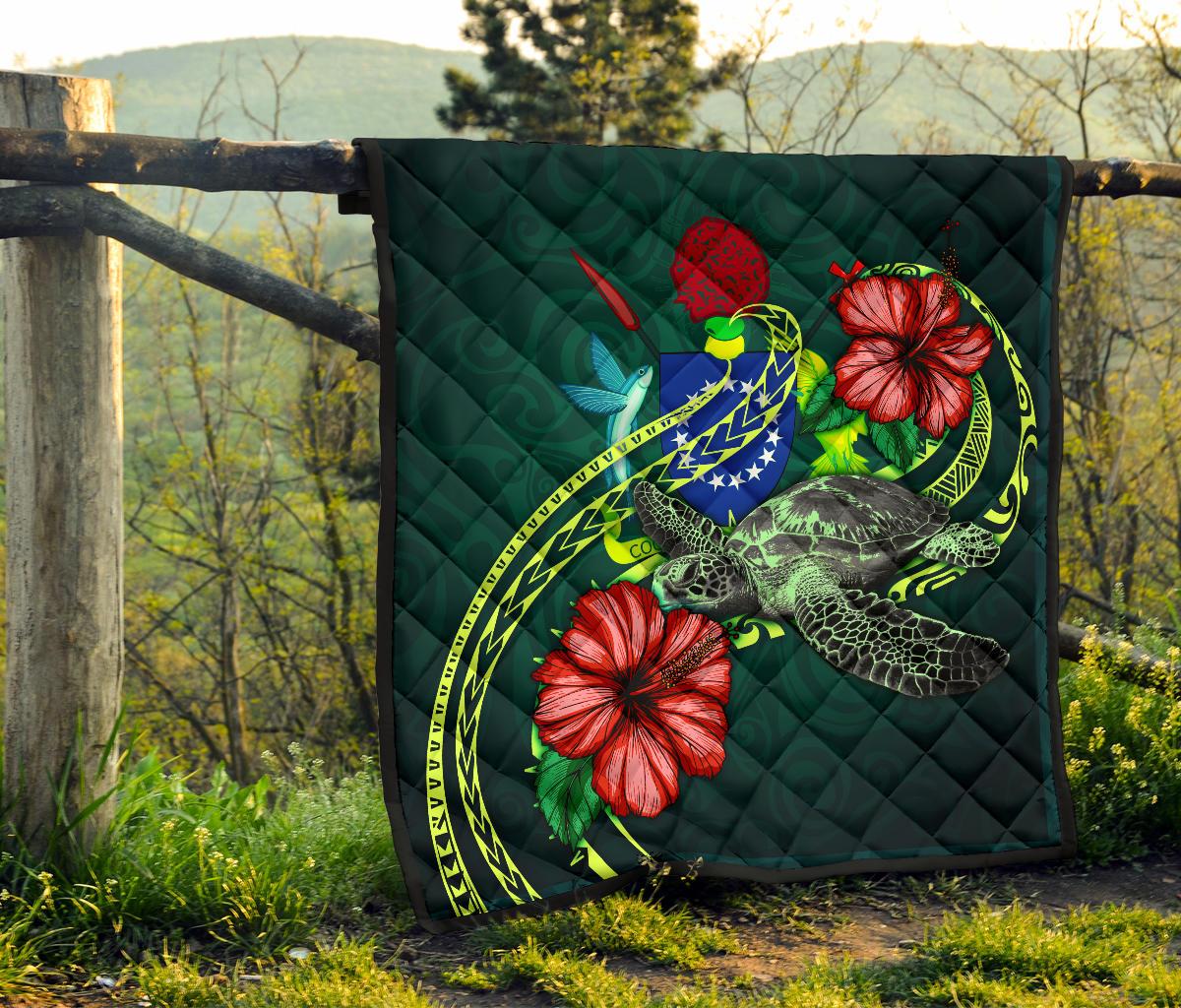 Cook Islands Polynesian Premium Quilt - Green Turtle Hibiscus - Polynesian Pride