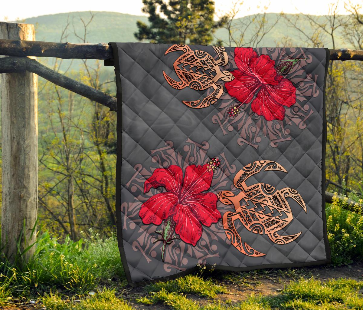 Hawaii Turtle Hibiscus Polynesian Premium Quilt - Khoi Style - AH - Polynesian Pride