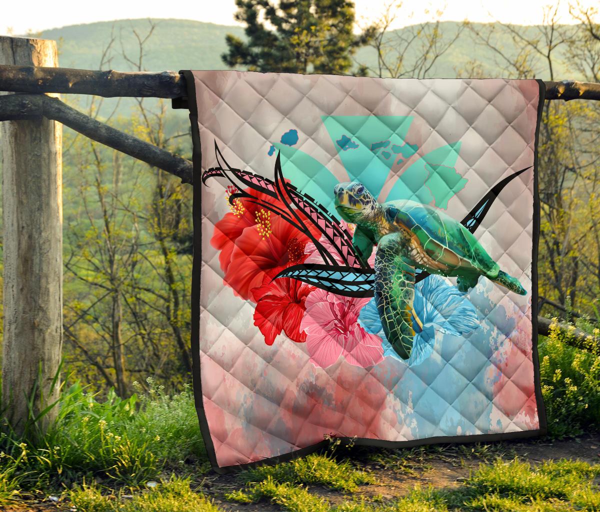 Hawaii Map Kanaka Sea Turtle Hibiscus Premium Quilt - AH - Blue Pink - Polynesian Pride