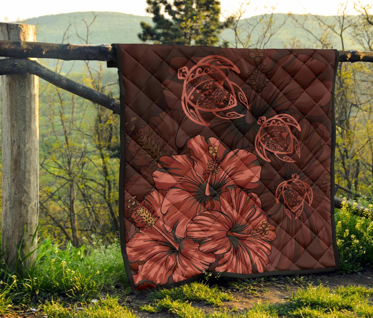 Hawaiian Map Hibiscus Turtle Vintage Polynesian Premium Quilt Red - Polynesian Pride