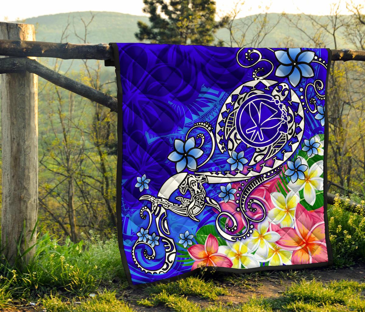 Hawaii Premium Quilt - Turtle Plumeria Polynesian Tattoo Blue Color - Polynesian Pride