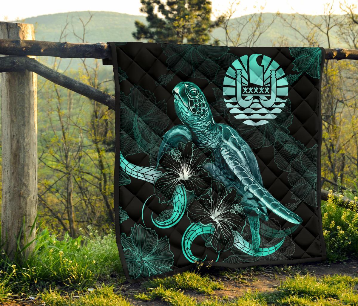 Tahiti Polynesian Premium Quilt - Turtle With Blooming Hibiscus Turquoise - Polynesian Pride