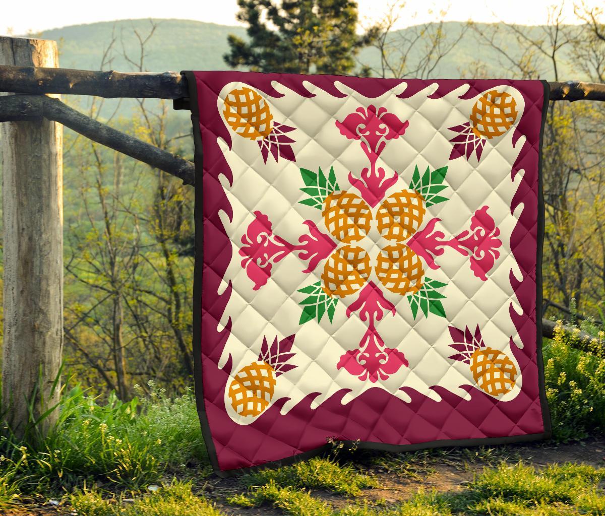 Hawaiian Pineapple Pattern Premium Quilt - Burgundy - Argu Style - AH - Polynesian Pride