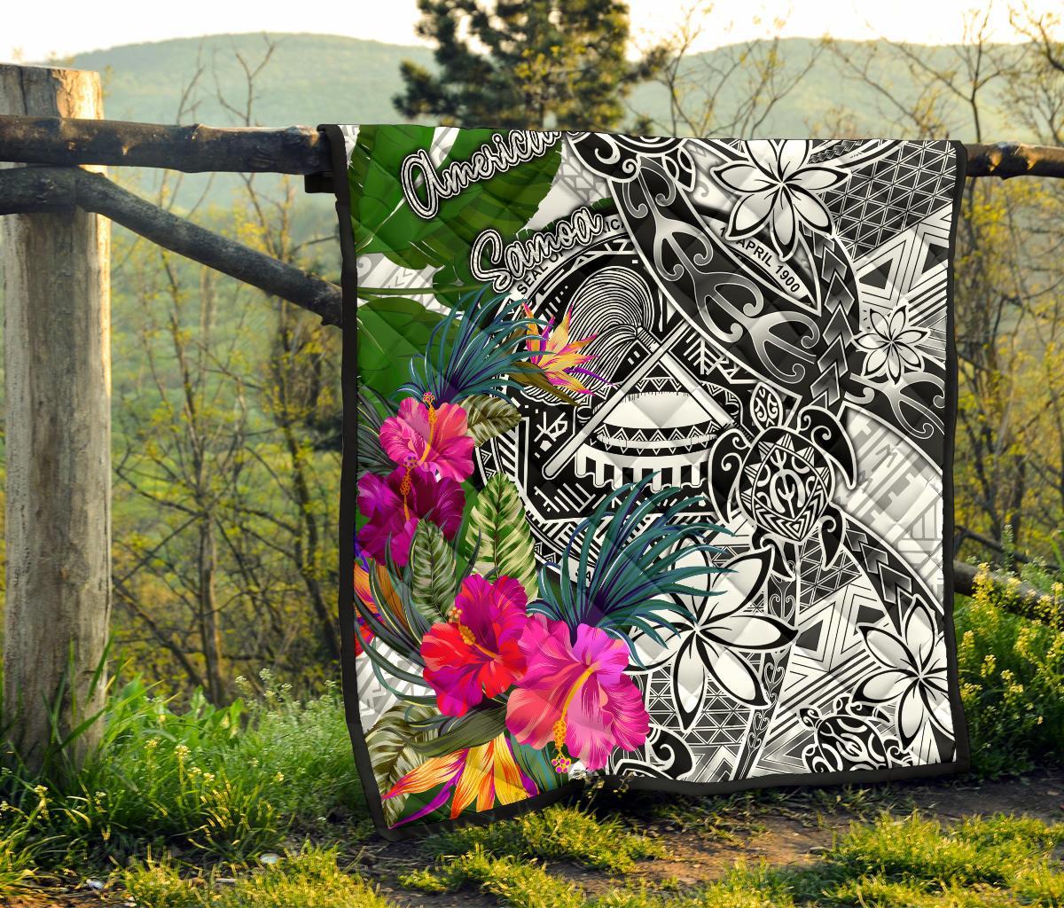 American Samoa Premium Quilt White - Turtle Plumeria Banana Leaf - Polynesian Pride