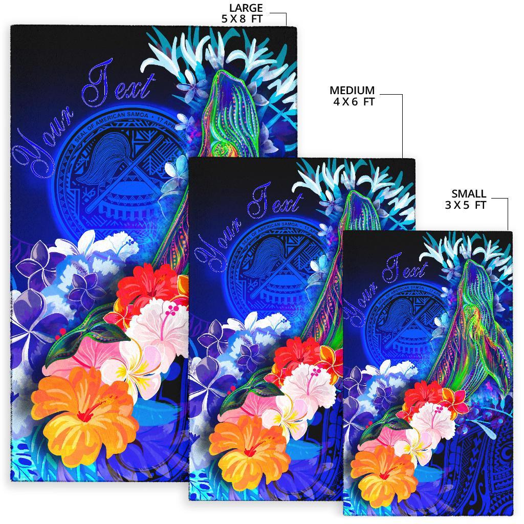 American Samoa Polynesian Custom Personalised Area Rug - Humpback Whale with Tropical Flowers (Blue) - Polynesian Pride