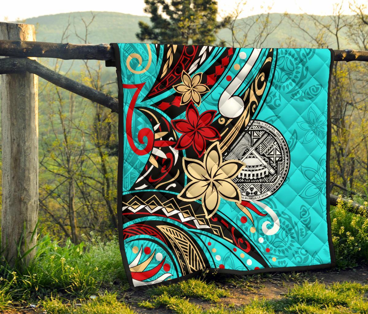 American Samoa Polynesian Premium Quilt - Tribal Flower With Special Turtles Blue Color - Polynesian Pride