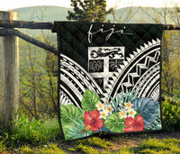 Fiji Premium Quilt - Fiji Coat of Arms & Polynesian Tropical Flowers White - Polynesian Pride