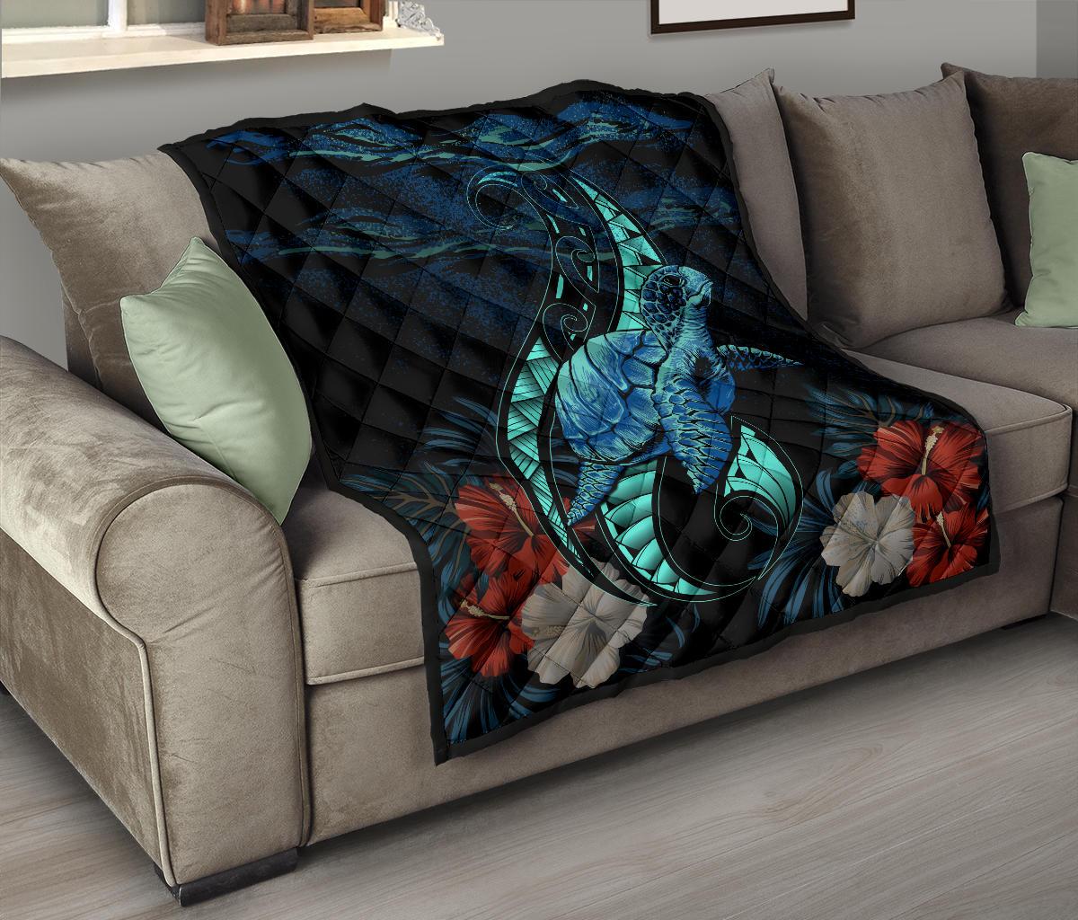 Hawaii Polynesian Honu Sea Hibiscus Premium Quilt - Polynesian Pride