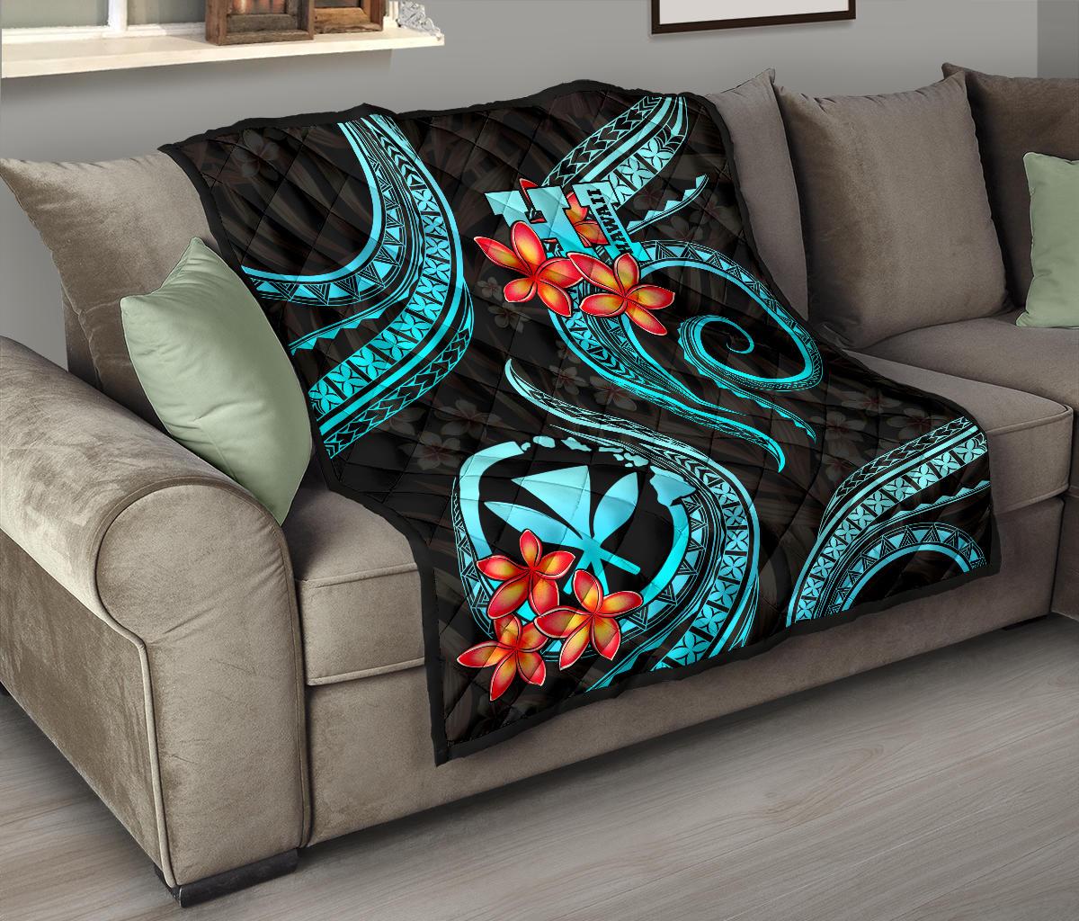 Polynesian Hawaii Premium Quilt - Turquoise Plumeria - Polynesian Pride