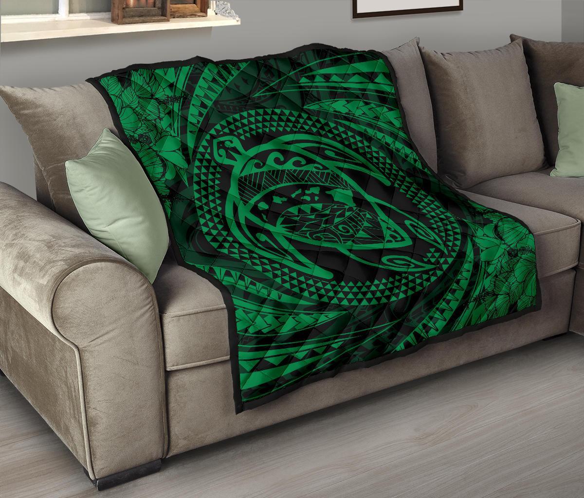 Hawaiian Kanaka Honu Hibiscus Tornando Green Polynesian Premium Quilt - Polynesian Pride