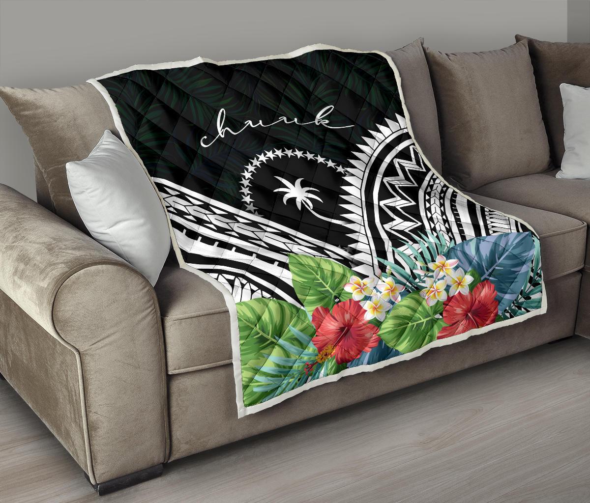 Chuuk Premium Quilt - Chuuk Coat of Arms & Polynesian Tropical Flowers White - Polynesian Pride
