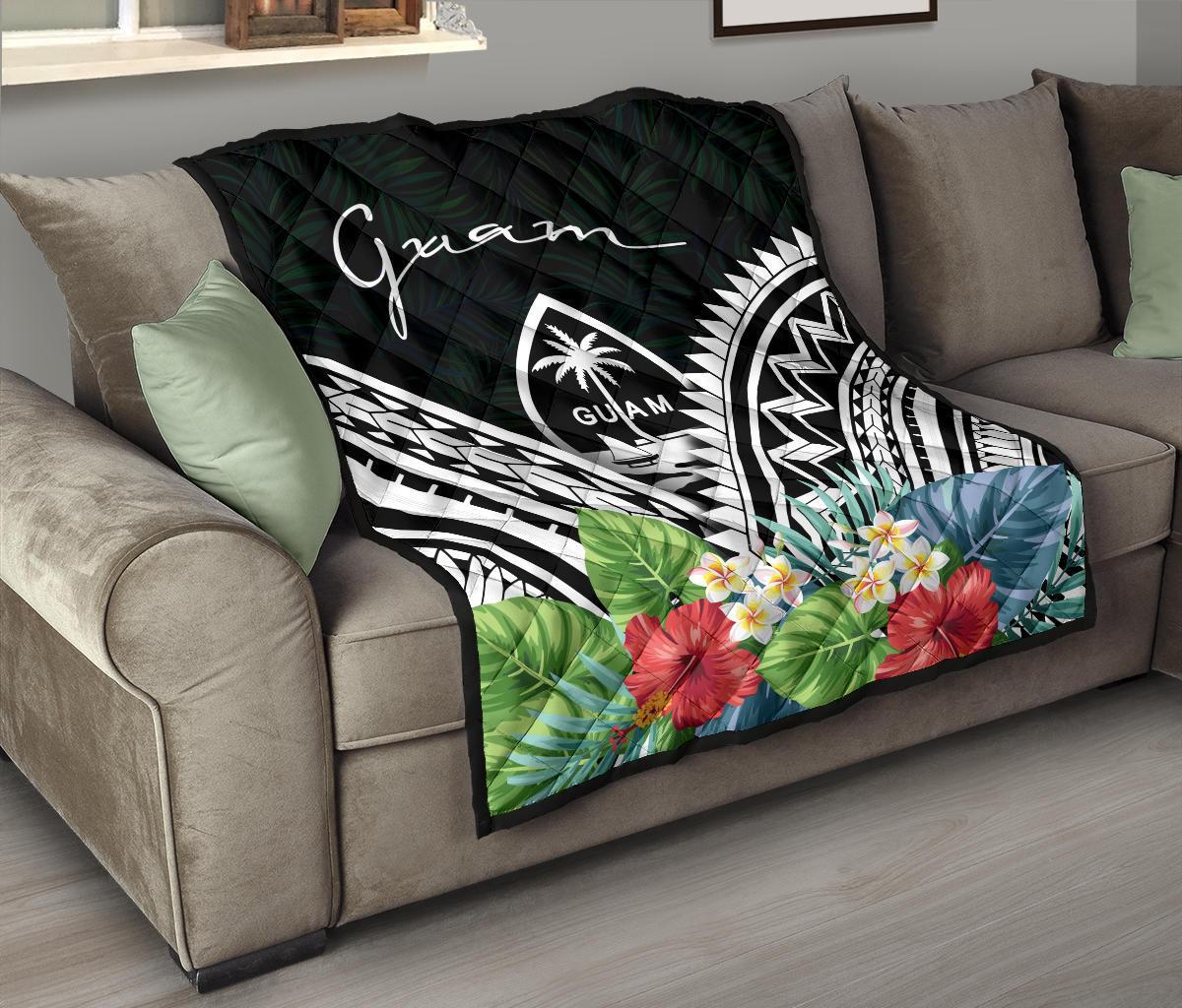 Guam Premium Quilt - Guam Coat of Arms & Polynesian Tropical Flowers White - Polynesian Pride