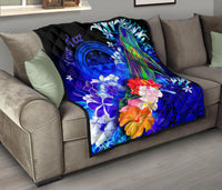 Federated States of Micronesia Custom Personalised Premium Quilt - Humpback Whale with Tropical Flowers (Blue) - Polynesian Pride
