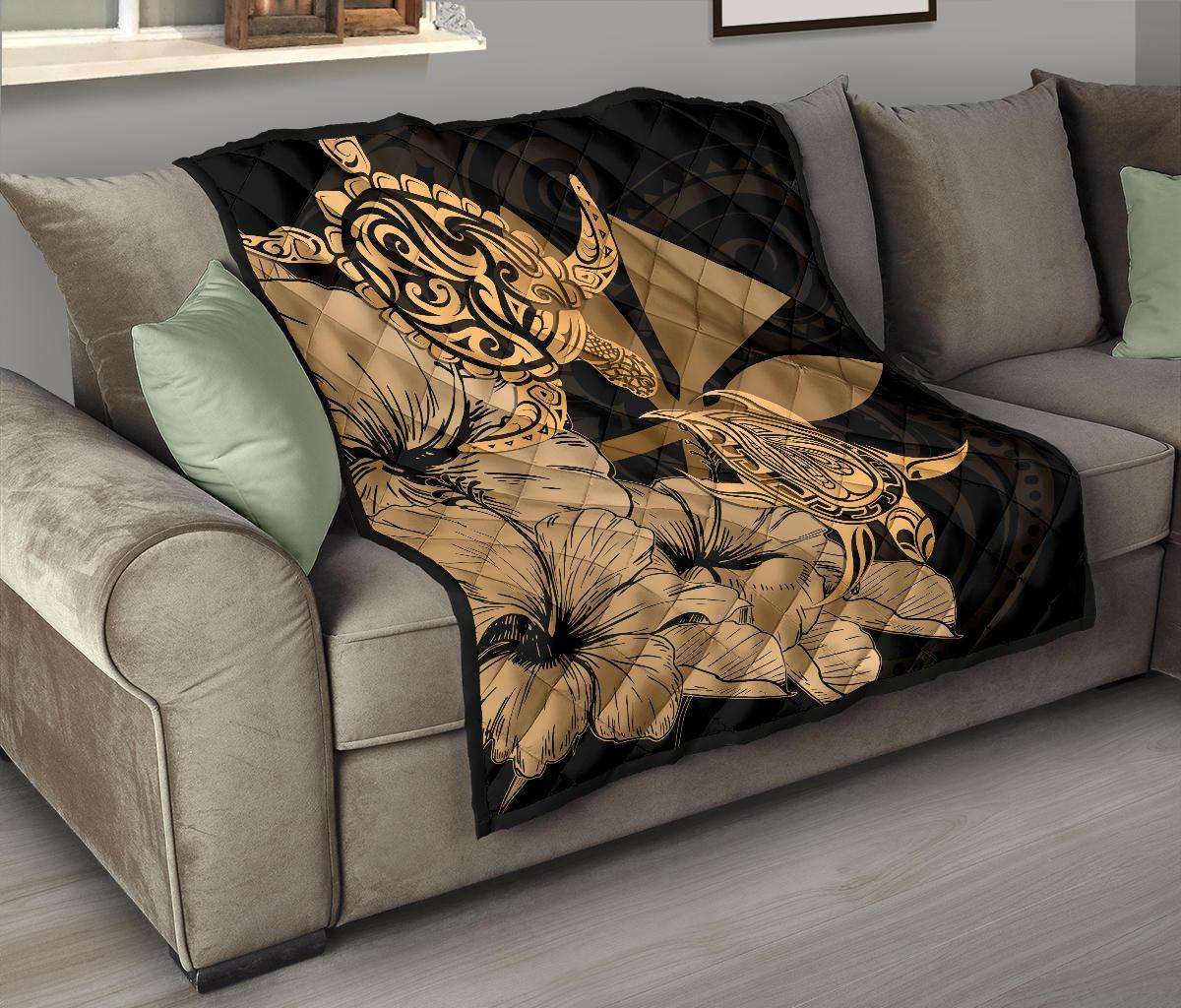 Hawaii Turtle Premium Quilt Polynesian Hibiscus Art Ver 2.0 Gold AH - Polynesian Pride