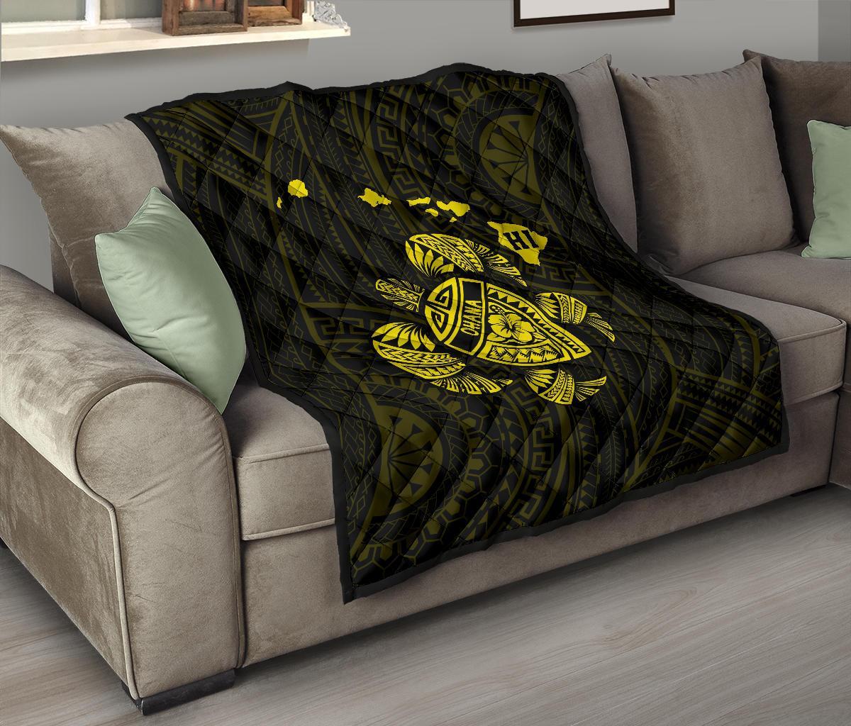 Hawaii Turtle Hibicus Map Premium Quilt - Yellow - Polynesian Pride