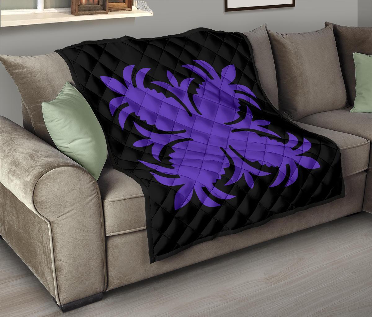 Hawaiian Premium Quilt Royal Pattern - Black And Purple - A2 Style - Polynesian Pride