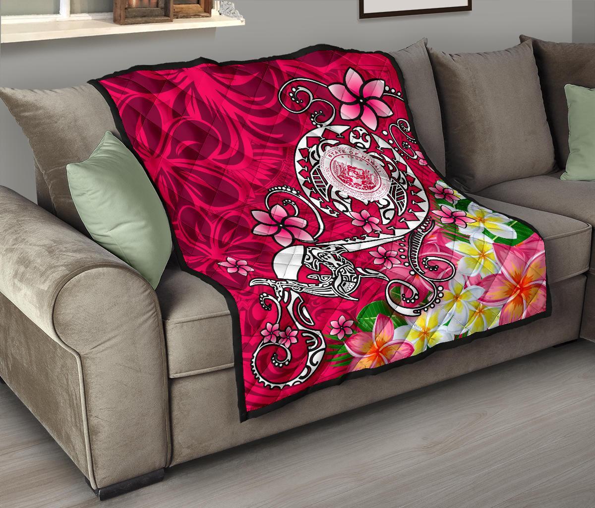 Hawaii Polynesian Premium Quilt - Hawaii Seal With Turtle Plumeria (Pink) - Polynesian Pride