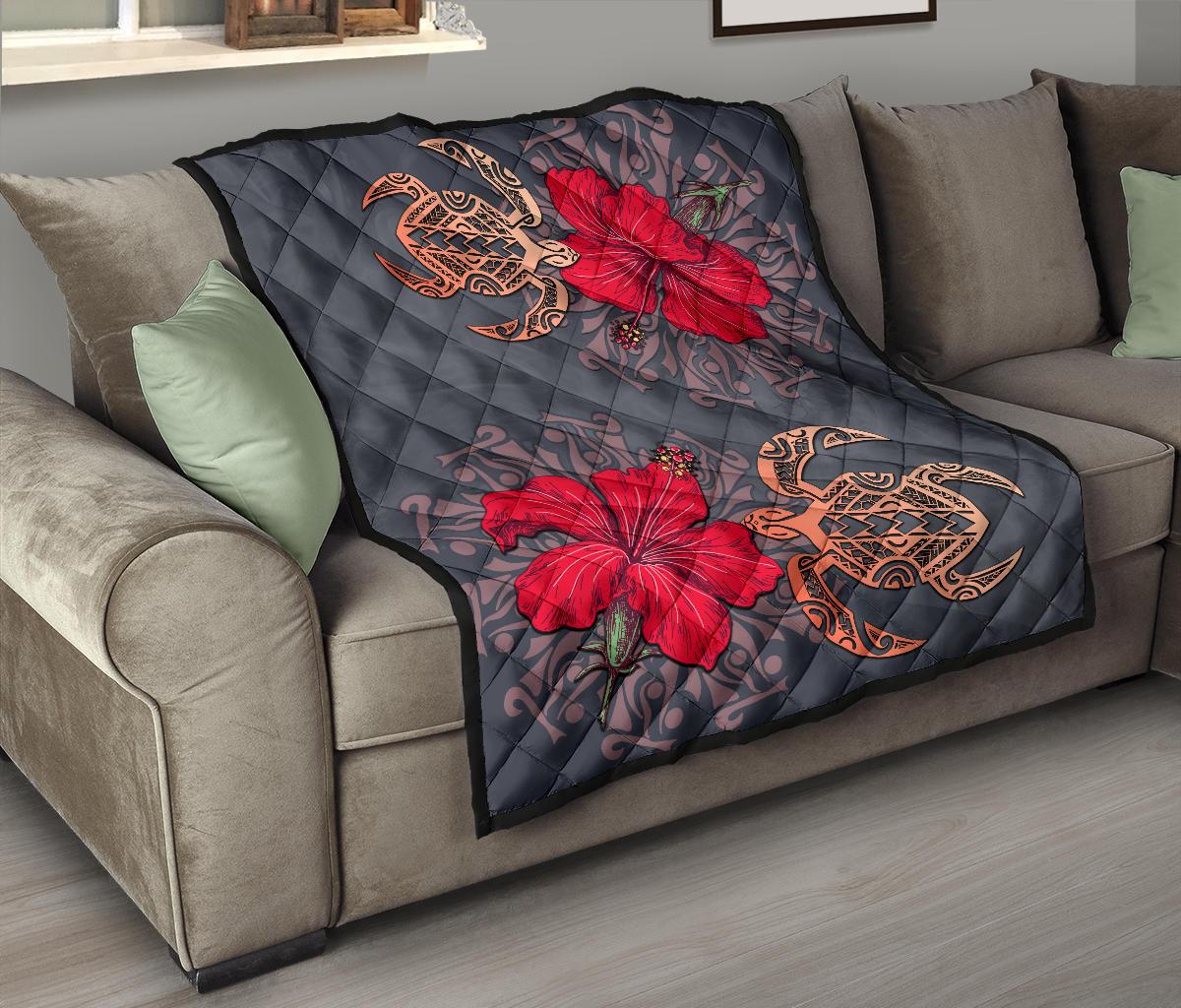 Hawaii Turtle Hibiscus Polynesian Premium Quilt - Khoi Style - AH - Polynesian Pride