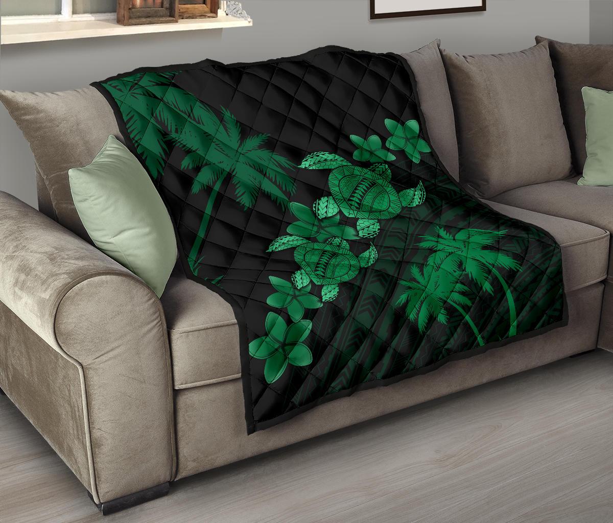 Hawaii Turtle Plumeria Coconut Tree Polynesian Premium Quilt - Green - Polynesian Pride